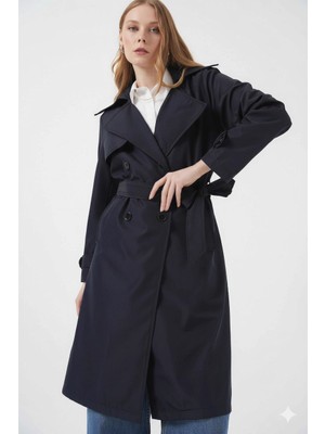 Hazelin Kadın Lacivert Kruvaze Yaka Kuşaklı Astarlı Trençkot HZL25W-BD159181
