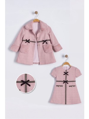 Miniğimin Cicileri Minigimin Cicileri Tüvit Kabanlı Şeritli 2 Li Elbise  Kız Çocuk Takım - Pudra