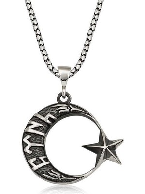 Katre46 Gümüş Göktürkçe Türk Yazılı Ay Yıldız Erkek Kolye