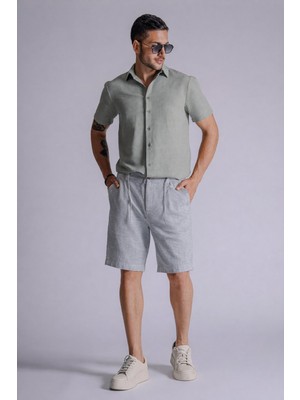 Braccas Erkek Yandan Cepli Beli Lastikli Keten Karışımlı Relaxed Fit Chino Şort Gri