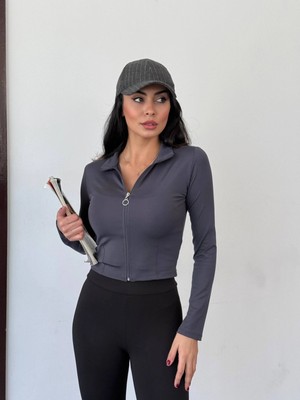 Hazelin Kadın Antrasit Dalgıç Kumaş Fermuar Kapamalı Parmak Geçirmeli Sweatshirt HZL25W-FRY123441