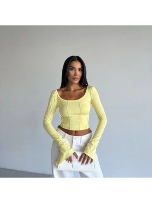 Hazelin Kadın Sarı Uzun Kollu Arkası Bağlamalı Fit Kesim Crop Bluz HZL25W-FRY122771