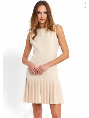 Hazelin Kadın Bej Ithal Dooble Kumaş Kolsuz Elbise HZL25W-FRY122651