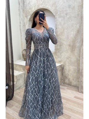 AGM Kıyafet Sepeti Gri Bel Detay Işlemeli Tasarım Abiye Elbise, Xl-42 Beden Abiye Elbise, Büyük Beden Abiye Elbise