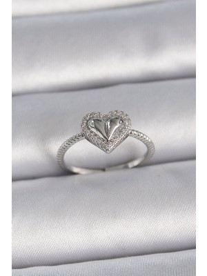 Marsilyan Pirinç Gümüş Renk Ayarlanabilir Zirkon Taşlı Kalp Model Kadın Yüzük