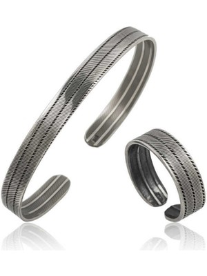 Katre46 925 Ayar Gümüş Çizgi Desenli Bileklik ve Yüzük Set