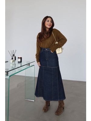 Özge Özgenç Kontrast Dikişli Uzun Denim Etek