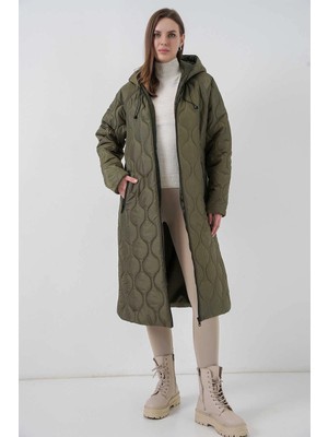Hazelin Kadın Haki Kapüşonlu Kapitone Uzun Şişme Mont HZL24W-BD151771