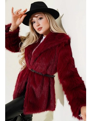 Hazelin Kadın Bordo Kemer Detaylı Astarlı Peluş Kürk Mont HZL25W-BD191561