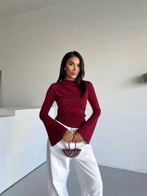 Hazelin Kadın Bordo Drape Detaylı Ispanyol Kol Sany Bluz HZL25W-FRY123431