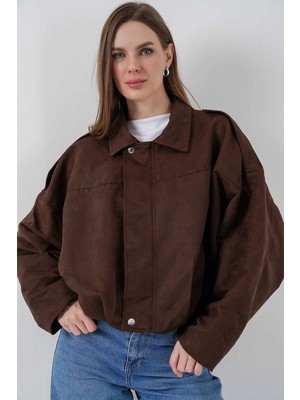 Hazelin Kadın Kahverengi Oversize Fermuar ve Çıt Çıt Kapamalı Cepsiz Süet Deri Ceket HZL25W-BD107301