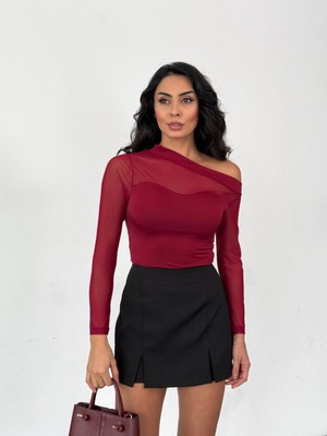 Hazelin Kadın Bordo Tül Garnili Uzun Kol Şık Rahat Bluz HZL25W-FRY123541