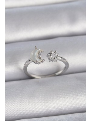 Marsilyan Pirinç Gümüş Renk Incili Hilal Zirkon Taşlı Yıldız Ayarlanabilir Kadın Yüzük