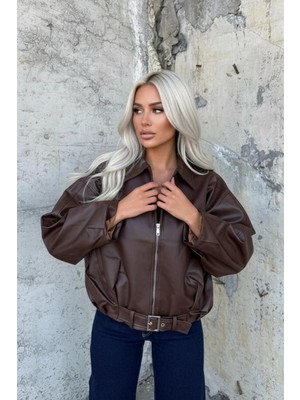 Hazelin Kadın Kahverengi Fermuar Kapamalı Oversize Suni Deri Ceket HZL25W-BD110561