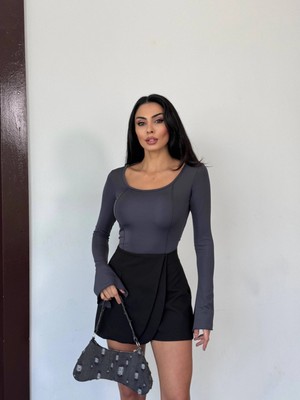 Hazelin Kadın Antrasit Uzun Kollu Arkası Bağlamalı Fit Kesim Crop Bluz HZL25W-FRY122771