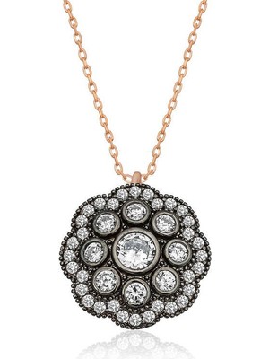 Katre46 925 Ayar Gümüş Çiçek Desenli Elmas Montür Kadın Gümüş Kolye