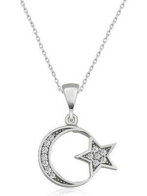 Katre46 925 Ayar Gümüş Ay Yıldız Kadın Gümüş Kolye