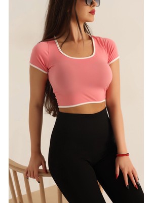 Hazelin Kadın Pembe Beyaz Biyeli Kısa Kol Likralı Sendycrop Bluz HZL24S-SND190901
