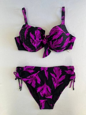 Hazelin Kadın Siyah Mor Taş Işlemeli Büyük Beden Bikini Takım HZL25S-LC3337