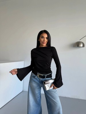Hazelin Kadın Siyah Drape Detaylı Ispanyol Kol Sany Bluz HZL25W-FRY123431