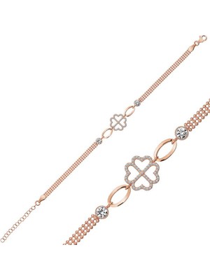 Katre46 925 Ayar Gümüş Rose Kalpli Yonca Bileklik