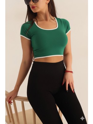 Hazelin Kadın Zümrüt Beyaz Biyeli Kısa Kol Likralı Sendycrop Bluz HZL24S-SND190901