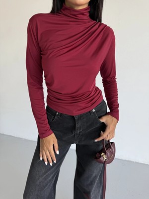 Hazelin Kadın Bordo Uzun Kollu Drape Detaylı Boğazlı Sandy Bluz HZL25W-FRY123301