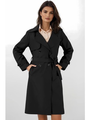 Hazelin Kadın Siyah Kruvaze Yaka Kuşaklı Astarlı Trençkot HZL25W-BD159181