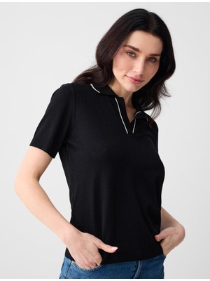 Jimmy Key Siyah V Yaka Kısa Kollu Çizgi Detaylı Triko Bluz