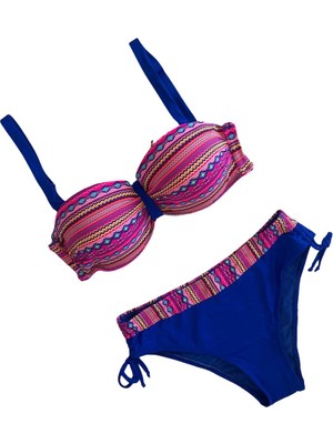 Hazelin Kadın Pembe Saks Mavi Etnik Desenli Astarlı Bikini Takımı HZL25S-LC22626