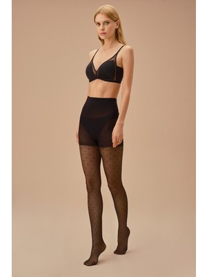 Suwen Polka Tül Külotlu Çorap Siyah Renkli Yumuşak Tül Dokulu Kadın Çorap