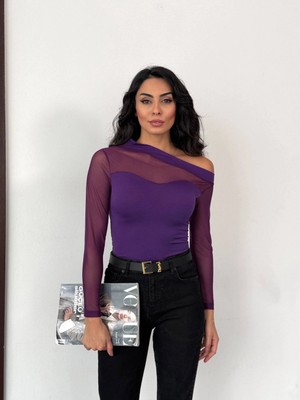 Hazelin Kadın Mor Tül Garnili Uzun Kol Şık Rahat Bluz HZL25W-FRY123541