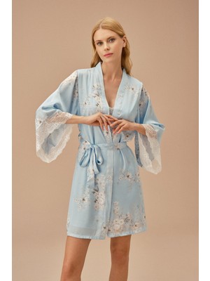 Suwen Sakura Kadın Sabahlık Mavi %100 Polyester Kumaşla Şık Tasarım ve Rahat Kesim