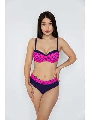 Hazelin Kadın Fuşya Lacivert Desenli Astarlı Bikini Takımı HZL25S-LC25143