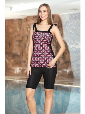 Hazelin Kadın Siyah Pembe Etnik Desenli Şortlu Tankini HZL25S-AR1805