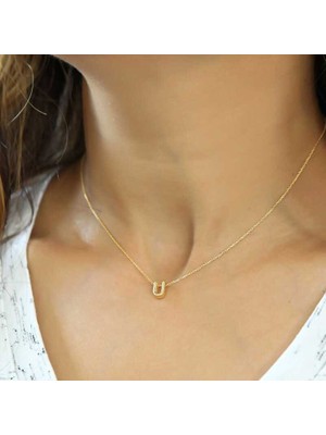 Katre46 Gümüş Gold 3 Boyutlu U Harf Bayan Kolye
