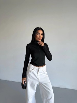 Hazelin Kadın Siyah Dalgıç Kumaş Fermuar Kapamalı Parmak Geçirmeli Sweatshirt HZL25W-FRY123441