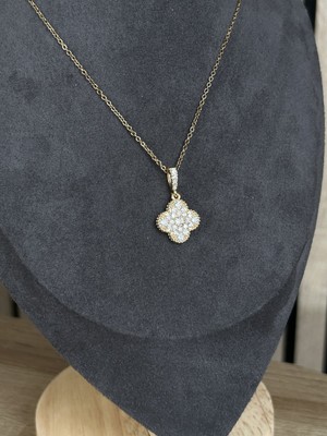 Lavanderopa Taşlı Yonca Model Gold Çelik Kolye