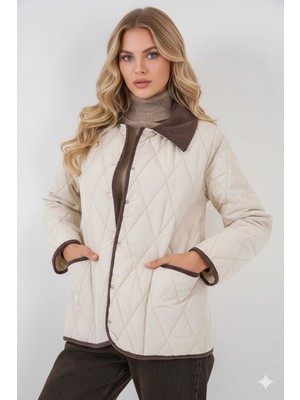 Hazelin Kadın Krem Çıt Çıt Kapamalı Kadife Detaylı Kapitone Mont HZL25W-BD152261