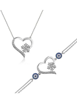 Katre46 925 Ayar Gümüş Kalp Kar Tanesi Set