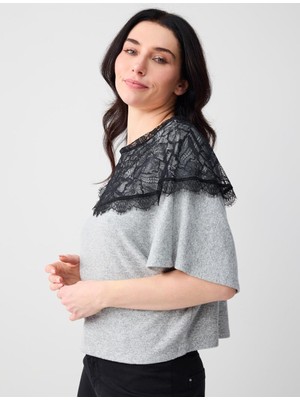 Jimmy Key Gri Melanj Degaje Yaka Yarasa Kol Dantel Detaylı Örme Bluz