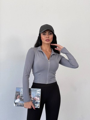 Hazelin Kadın Gri Dalgıç Kumaş Fermuar Kapamalı Parmak Geçirmeli Sweatshirt HZL25W-FRY123441