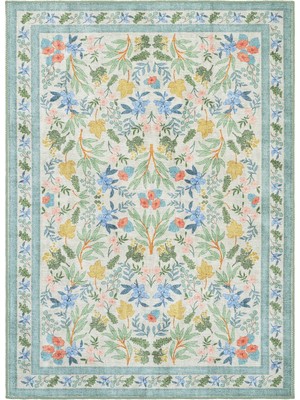 Cool Halı Florence Krem Yeşil Çok Renkli Çiçekli Otantik Bohem Yıkanabilir Dokuma Ince Salon Halısı