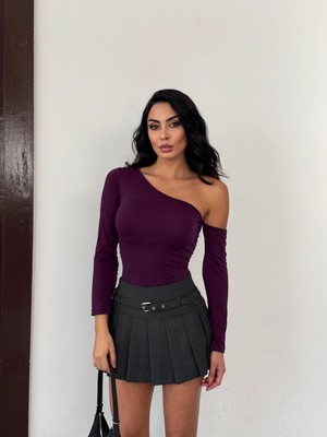 Hazelin Kadın Mor Asimetrik Yaka Drapeli Sandy Bluz HZL25S-FRY123361