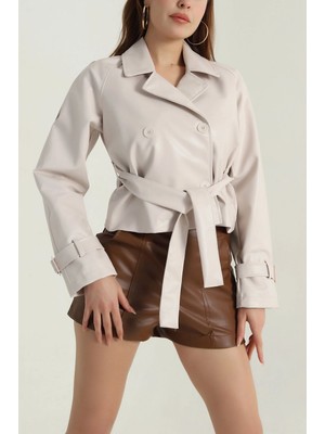 Hazelin Kadın Krem Kemerli Astarlı Suni Deri Ceket HZL25W-BD110461