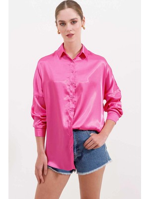 Hazelin Kadın Fuşya Oversize Dökümlü Saten Yüzeyli Gömlek HZL23S-BD139851