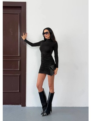 Hazelin Kadın Siyah Esnek Kumaş Boğazlı Uzun Kollu Drape Detay Mini Elbise HZL25W-FRY123551