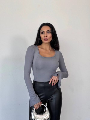 Hazelin Kadın Gri Uzun Kollu Arkası Bağlamalı Fit Kesim Crop Bluz HZL25W-FRY122771