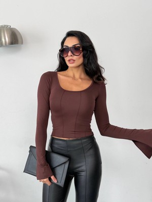 Hazelin Kadın Kahverengi Uzun Kollu Arkası Bağlamalı Fit Kesim Crop Bluz HZL25W-FRY122771