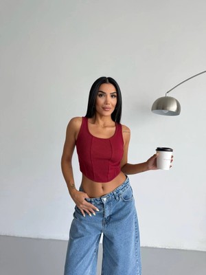 Hazelin Kadın Bordo Fitilli Kaşkorse Crop Bluz HZL25S-FRY123171
